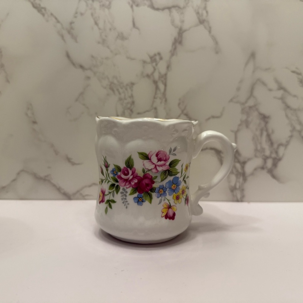Vintage English Harleigh Fine China mug cup floral pink blue yellow flowers